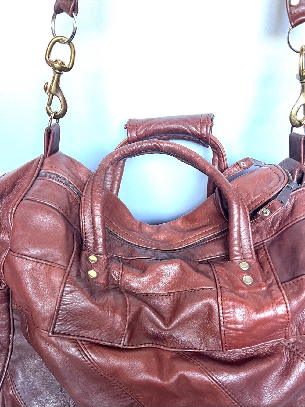 Vintage Carroll Leather Patchwork Duffle Bag Brown Top Grain Leather Weekender - Picture 9 of 13